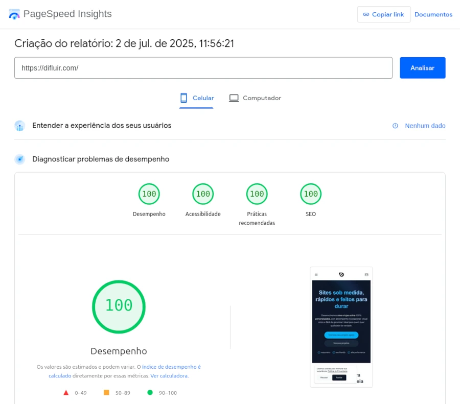 Screenshot Google PageSpeed para celular com nota 100