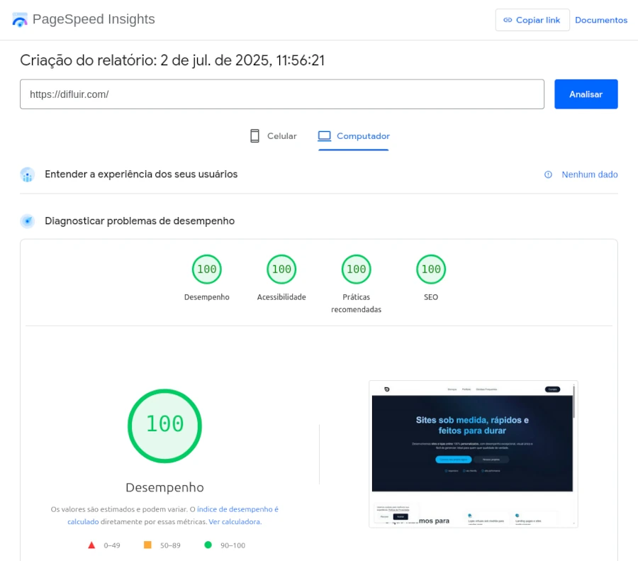Screenshot Google PageSpeed para computador com nota 100